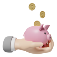 businessman hands holding pink piggy bank with gold coins money isolated. saving money concept, 3d illustration or 3d render png