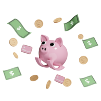 cofrinho rosa com cartão de crédito, moeda, nota isolada. economizando o conceito de dinheiro, ilustração 3d, renderização 3d png