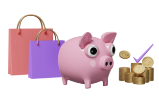 hucha rosa con monedas, cheque, bolsas de papel de compras aisladas. concepto de ahorro de dinero, ilustración 3d o presentación 3d png