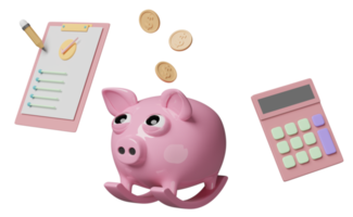 piggy bank and check list with clipboard, pencil, calculator, check mark, coin isolated. concept 3d illustration or 3d render png