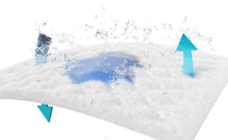 Coussin absorbant 3d, ventiler montre des éclaboussures d'eau transparentes isolées pour les couches, couche absorbante de cheveux en fibres synthétiques avec serviette hygiénique, concept adulte de couches pour bébés, illustration de rendu 3d png