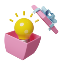 bombilla de luz amarilla en caja de regalo rosa aislada. concepto de sugerencia de idea de negocio, resumen mínimo, ilustración 3d o presentación 3d png