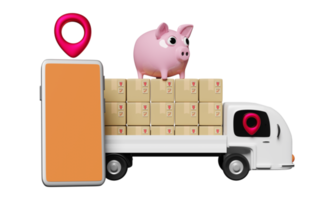 mobile phone, orange smartphone with truck, pin, goods cardboard box, piggy bank isolated. Online delivery or online order tracking, saving money concept, 3d illustration, 3d render png