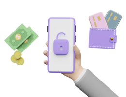 businessman hand hold mobile phone, smartphone with unlock, banknote, credit card isolated. Internet security, privacy protection, ransomware protect concept, 3d illustration, 3d render png