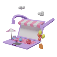 laptop-computer mit geschäftsfront, einkaufswagen, papiertüten, pfeil, wolke, couchtisch, regenschirm, stuhl isoliert auf rosa. online-shopping-konzept, 3d-illustration oder 3d-rendering png