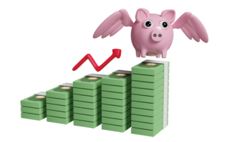 3d arrow graph with pile dollar banknote, piggy bank, wings isolated. financial success and growth or saving money concept, 3d render illustration png