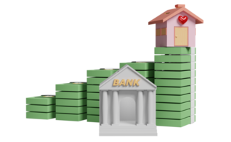 edificio de banco o oficina de impuestos con billete de dólar de pila, casa aislada. estrategia empresarial, concepto de crecimiento, ilustración 3d, presentación 3d png