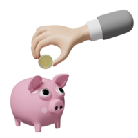 3d businessman hands holding coin with pink piggy bank isolated. saving money concept, 3d render illustration png