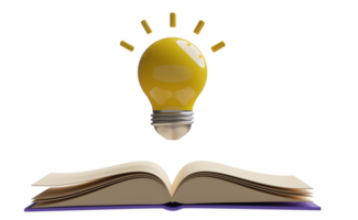 yellow light bulb with open book isolated. idea tip education, knowledge creates ideas concept, minimal abstract, 3d illustration or 3d render png