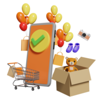 mobile phone, smartphone with check mark, shopping cart, price tags, bag, toy, goods cardboard box isolated. online shopping sale, concept 3d illustration, 3d render png
