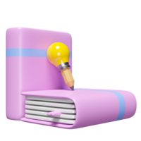 3d roze leerboek, dichtbij boek icoon met licht lamp, potlood geïsoleerd. idee tip opleiding, kennis creëert ideeën concept, minimaal abstract, 3d geven illustratie png