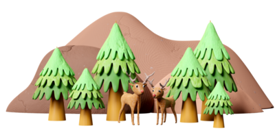 Paisaje de montaña 3d con ciervos, ciervos, cervatillos de pie en un bosque de pinos de plastilina aislada. Concepto de icono de juguete de arcilla, ilustración 3D Render png