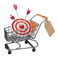 roestvrij staal boodschappen doen kar met doelwit rood darts of pijl geïsoleerd. boodschappen doen uitverkoop concept, 3d illustratie of 3d geven png