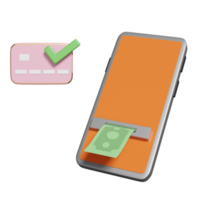 Handy, Smartphone mit Banknote, Häkchen, Kreditkarte isoliert. abhebung bargeld mit atm-maschinentransaktionskonzept, 3d-illustration, 3d-rendering png