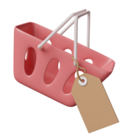 cesta de compras rosa vazia com etiquetas de preço isoladas. conceito de compras on-line, ilustração 3d ou renderização 3d png