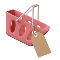 panier rose vide avec des étiquettes de prix isolées. concept d'achat en ligne, illustration 3d ou rendu 3d png