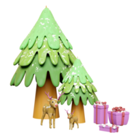 3D-Weihnachtsbaum aus Plastilin mit Tonren, Geschenkbox, Schnee isoliert. website, poster oder glückskarten, festliches neujahrskonzept, 3d-illustration rendern png