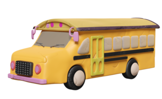 Icône de signe de dessin animé d'autobus scolaire jaune en pâte à modeler 3d, véhicule pour transporter des étudiants en argile isolés. retour à l'école, illustration de rendu 3d png