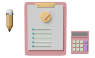 lista de verificação com prancheta, lápis, calculadora, marca de seleção isolada. ilustração 3d do conceito ou renderização em 3d png