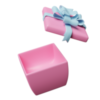 rosa offene geschenkbox leer mit blauer schleife isoliert. weihnachts- und neujahrstagskonzept, minimale abstrakte, 3d-illustration oder 3d-rendering png