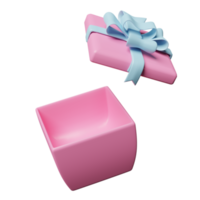 caja de regalo rosa abierta vacía con lazo azul aislado. concepto de día de navidad y año nuevo, resumen mínimo, ilustración 3d o presentación 3d png