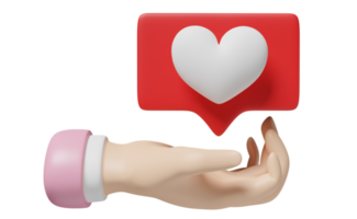 mão segurando como ícones de coração com mídias sociais, como notificações isoladas. amor de saúde ou dia mundial do coração, conceito de dia dos namorados, ilustração 3d, renderização 3d png