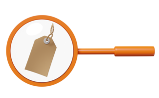 3d orange magnifying glass with price tags isolated. minimal web search engine or web browsing concept, 3d render illustration png