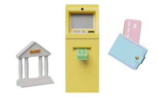 abhebung bargeld mit gelber automatentransaktion, häkchen, kreditkarte, brieftasche, bank oder finanzamtsgebäude isoliert. 3D-Darstellung, 3D-Darstellung png