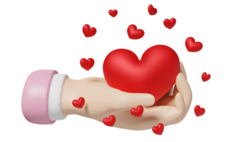 cartoon hands holding red heart isolated. health love or world heart day, valentine's day concept, 3d illustration or 3d render png