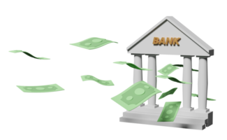 edificio de banco o oficina de impuestos con billete aislado. concepto de ahorro de dinero, ilustración 3d, presentación 3d png