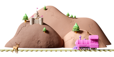 Pâte à modeler de locomotive 3d avec voies ferrées, jouet d'argile de transport de train à vapeur, paysage de montagne, château, tours, fort isolé. Concept d'icône de jouet d'argile, rendu d'illustration 3d png