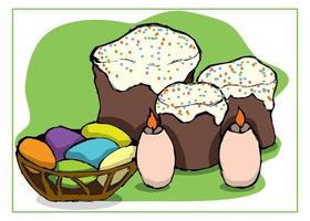 pastel de pascua y huevos de pascua con velas en honor a la festividad de la santa pascua vector