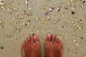 viajar a krabi, tailandia. la vista superior de las piernas en la orilla del mar con piedras y conchas marinas en la arena. foto