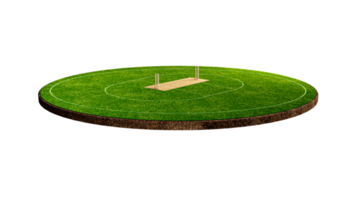 vista frontale dello stadio di cricket su campo da cricket o campo da gioco sportivo con palla, stadio in erba o arena circolare per serie di cricket, prato verde o terreno per battitore, giocatore di bocce. illustrazione 3d del campo esterno png