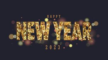 feliz diseño de concepto de año nuevo 2023, con motivo de los conceptos de banner de fiesta de año nuevo, celebración y carta de año nuevo sobre fondo oscuro con bokeh. vector