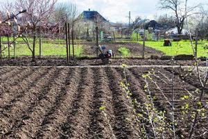 plowed vegetable beds and tiller in village photo