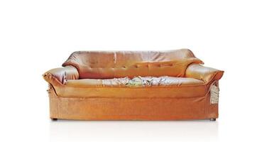 Vintage style, old worn leather sofa on white background. photo