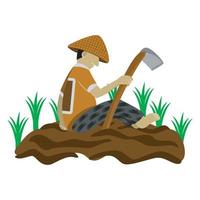 a rice farmer wearing a hat is resting while holding a hoe vector