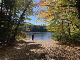 persona caminando por un lago en otoño con hojas coloridas