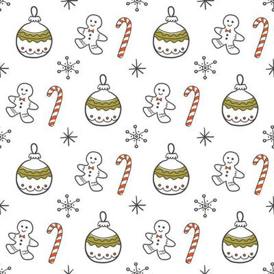 Cute Christmas background. Seamless doodle style pattern with  Winter festive elements on transparent backdrop. Vector illustration for wrapping paper, fabric, textile.