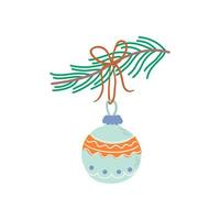 Vector illustration of Christmas toy isolated on white. Winter holidays glass decoration with texture ornament. Cute hand drawn composition for cards, prints, posters.