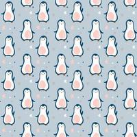 Cute baby backdrop with penguins and stars. Vector seamless pattern in simple hand drawn style. Good for interior decorating, fabric, baby clothes, baby shower decor.