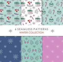 Christmas backgrounds set. Seamless doodle style patterns with Winter festive elements. Vector illustrations for wrapping paper, fabric, textile.