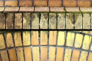 Detailed view at a colorful old and weathered brick wall texture as a panoramic background. photo