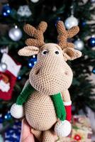 knitted elk. cute moose. toy against the background of a New Year's garland, knitted hare and elk on a Christmas tree photo
