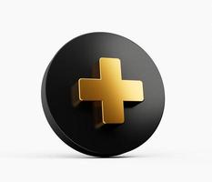3d Gold and black circle with plus on the white background. 3d illustration photo