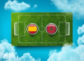 Morocco vs Spain Versus screen banner Soccer concept. football field stadium, 3d illustration photo