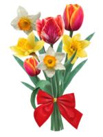mazzo di giunchiglie e tulipani legato con un' rosso raso arco illustrazione png