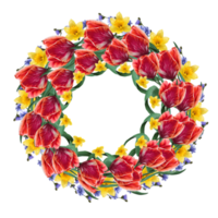 wreath of red tulips and yellow daffodils png