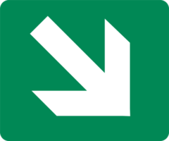 Bottom right arrow direction signs. Green exit emergency icon.